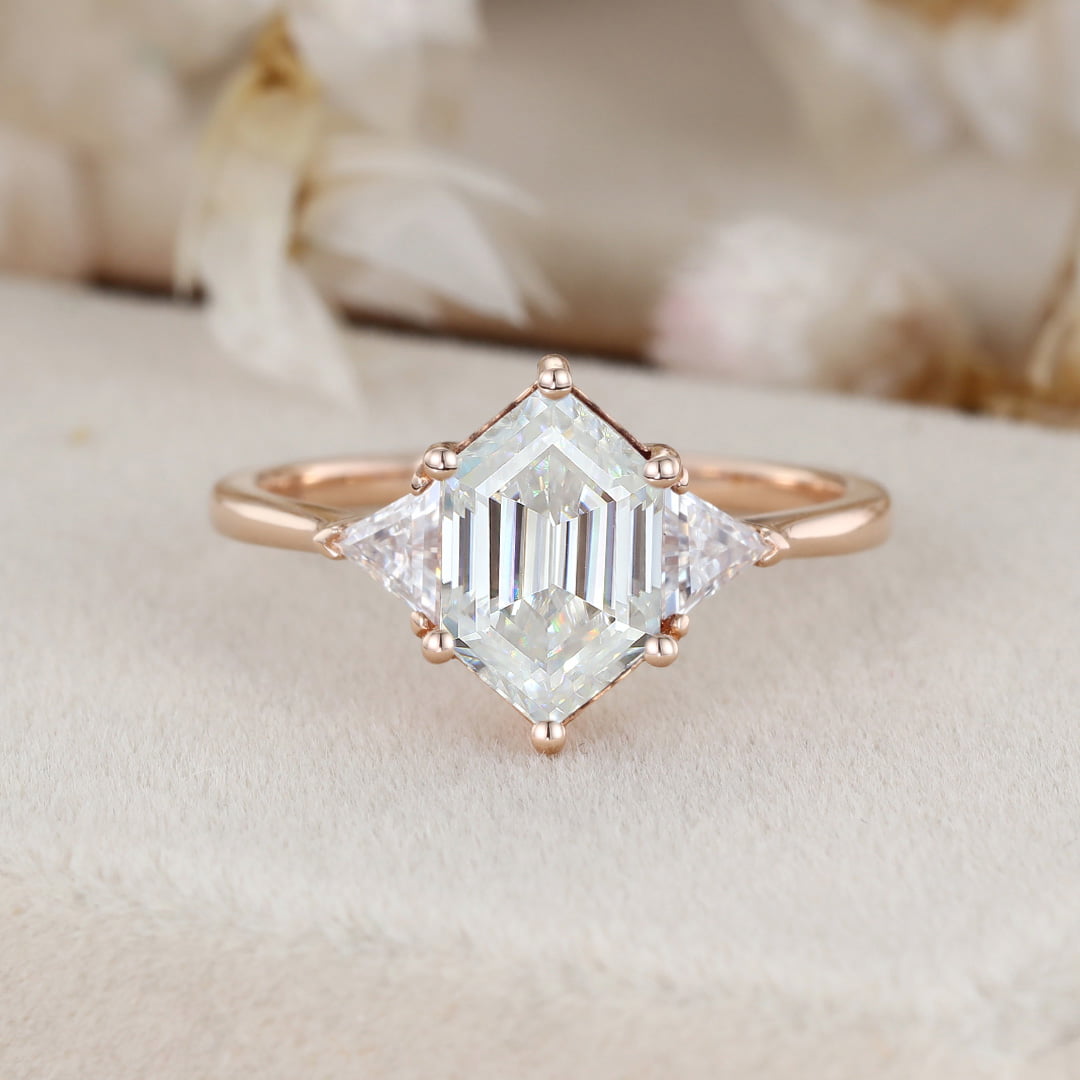 Long Hexagon Cut Moissnaite Engagement Ring Triangle Moissanite engagement ring Rose gold ring Unique Bridal Anniversary gift