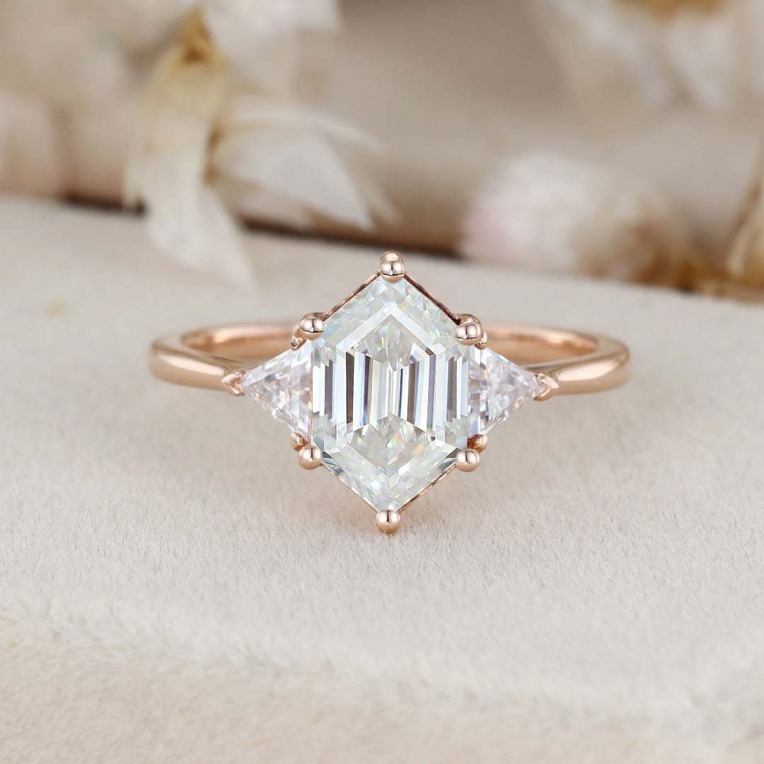 Long Hexagon Cut Moissnaite Engagement Ring Triangle Moissanite engagement ring Rose gold ring Unique Bridal Anniversary gift