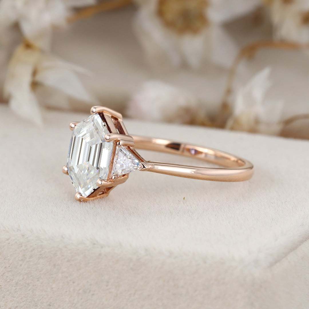 Long Hexagon Cut Moissnaite Engagement Ring Triangle Moissanite engagement ring Rose gold ring Unique Bridal Anniversary gift