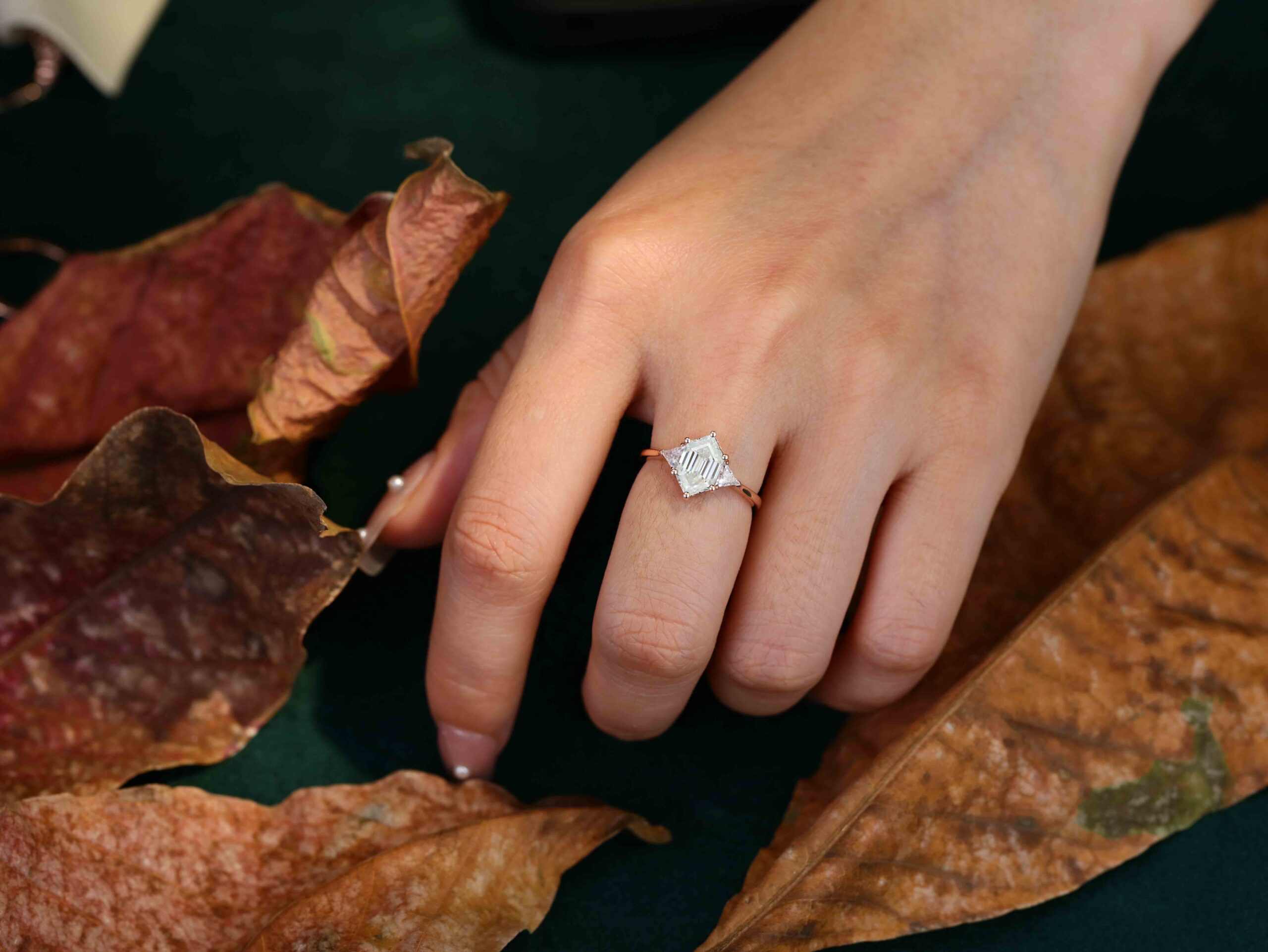 Long Hexagon Cut Moissnaite Engagement Ring Triangle Moissanite engagement ring Rose gold ring Unique Bridal Anniversary gift