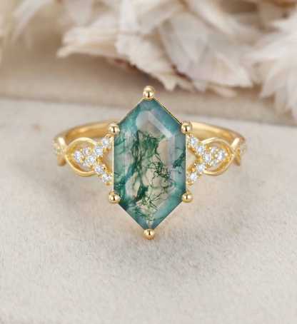 Long Hexagon Cut Moss Agate Engagement Ring 14K Solid Gold Moissanite Cluster Wedding Ring Vine Design Anniversary Ring Promise Rings