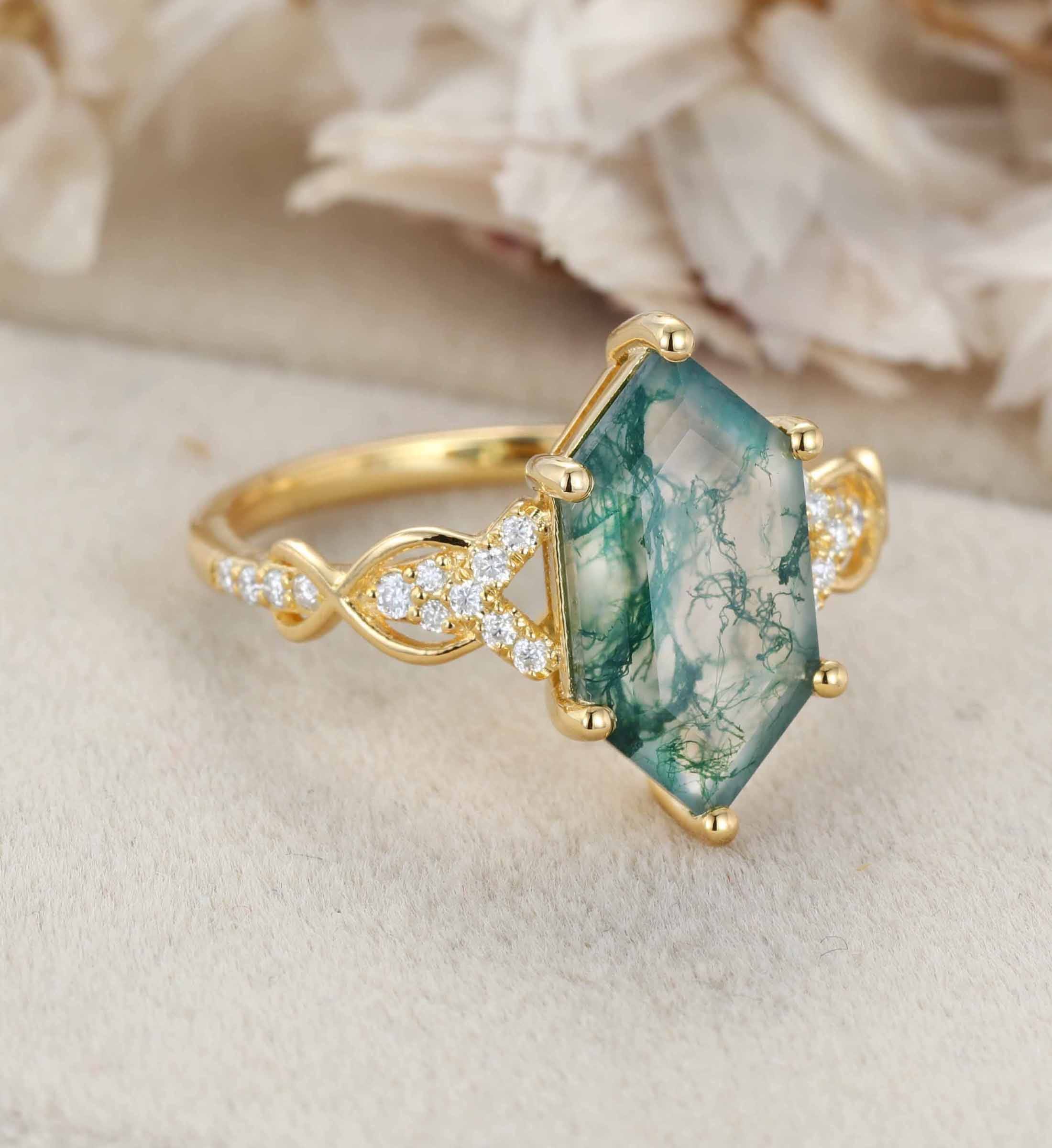 Long Hexagon Cut Moss Agate Engagement Ring 14K Solid Gold Moissanite Cluster Wedding Ring Vine Design Anniversary Ring Promise Rings
