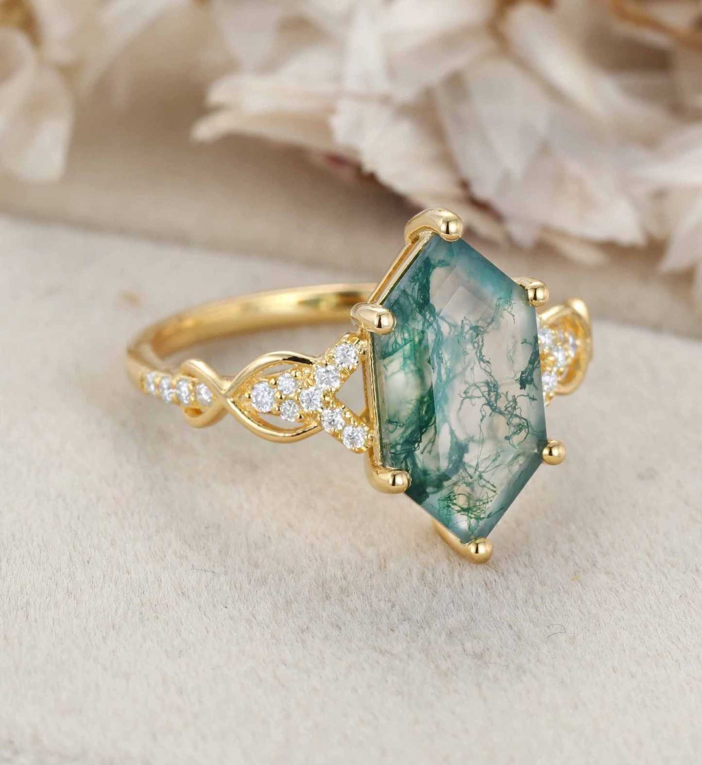 Long Hexagon Cut Moss Agate Engagement Ring 14K Solid Gold Moissanite Cluster Wedding Ring Vine Design Anniversary Ring Promise Rings
