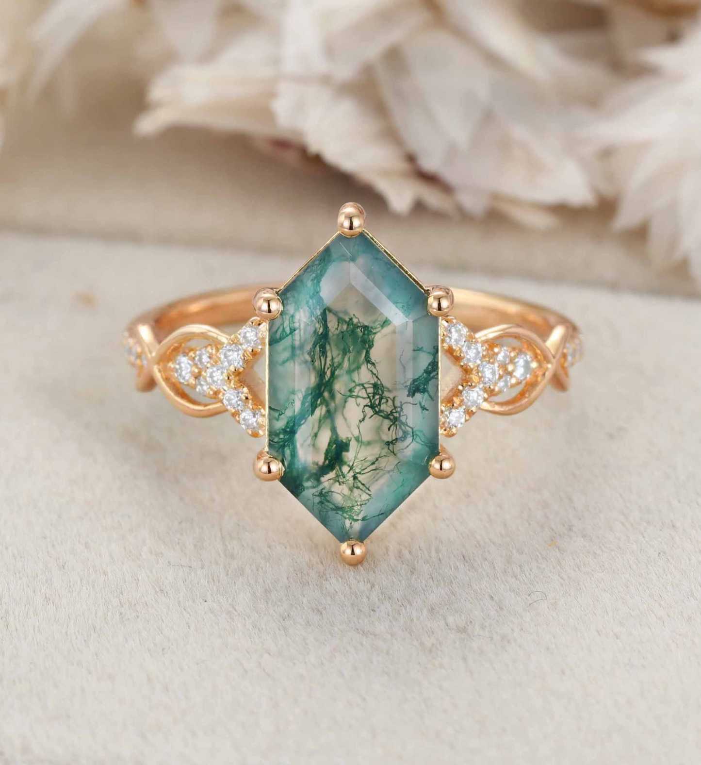 Long Hexagon Cut Moss Agate Engagement Ring 14K Solid Gold Moissanite Cluster Wedding Ring Vine Design Anniversary Ring Promise Rings
