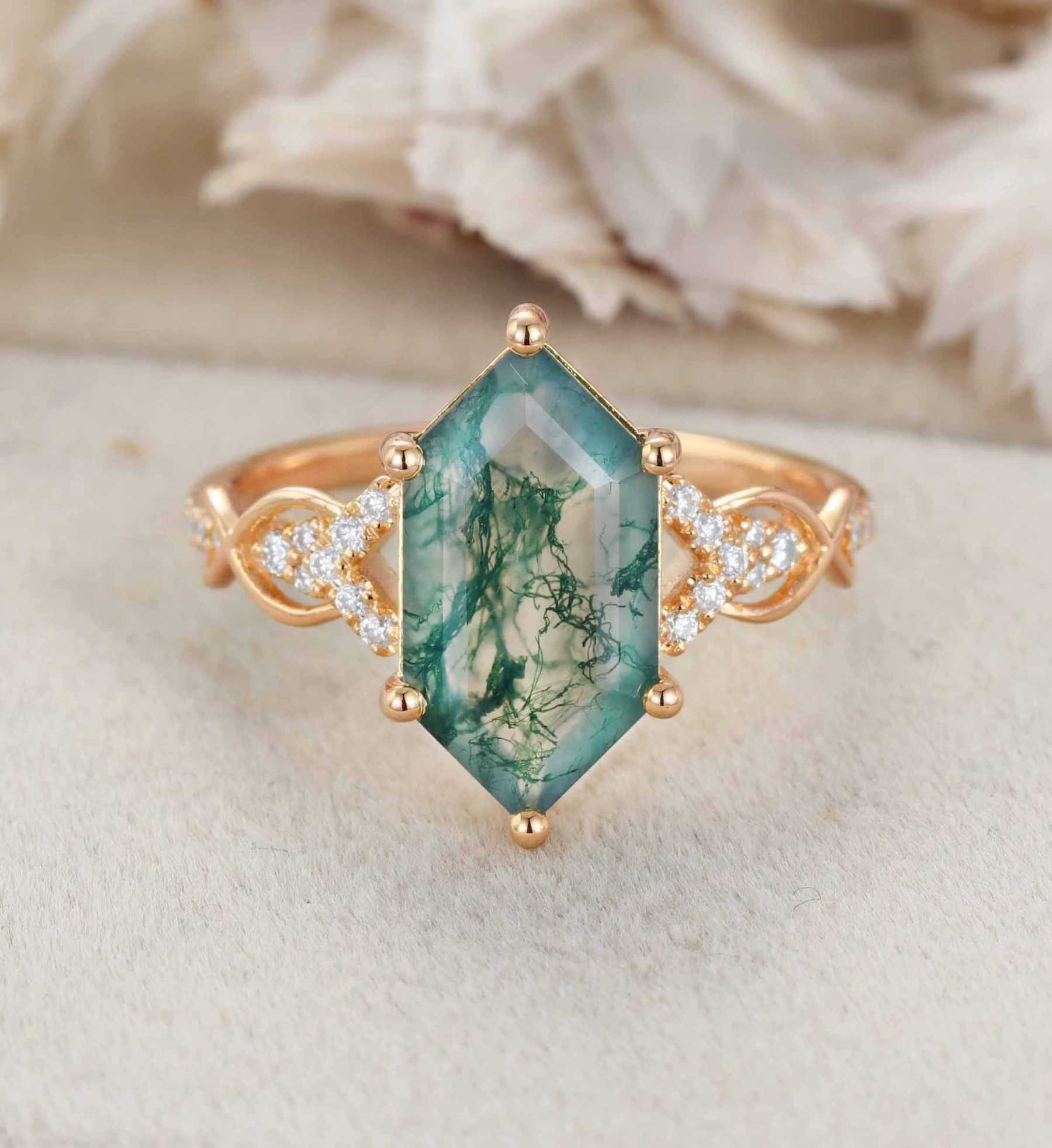 Long Hexagon Cut Moss Agate Engagement Ring 14K Solid Gold Moissanite Cluster Wedding Ring Vine Design Anniversary Ring Promise Rings