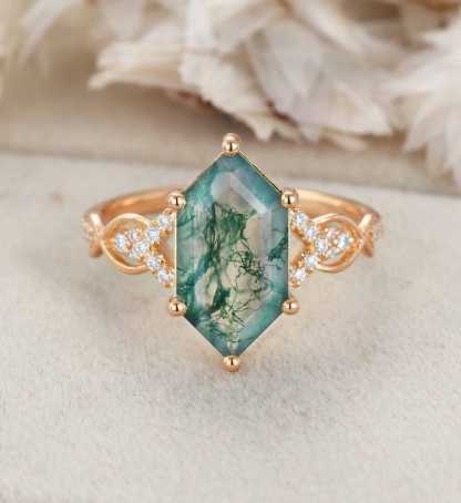 Long Hexagon Cut Moss Agate Engagement Ring 14K Solid Gold Moissanite Cluster Wedding Ring Vine Design Anniversary Ring Promise Rings