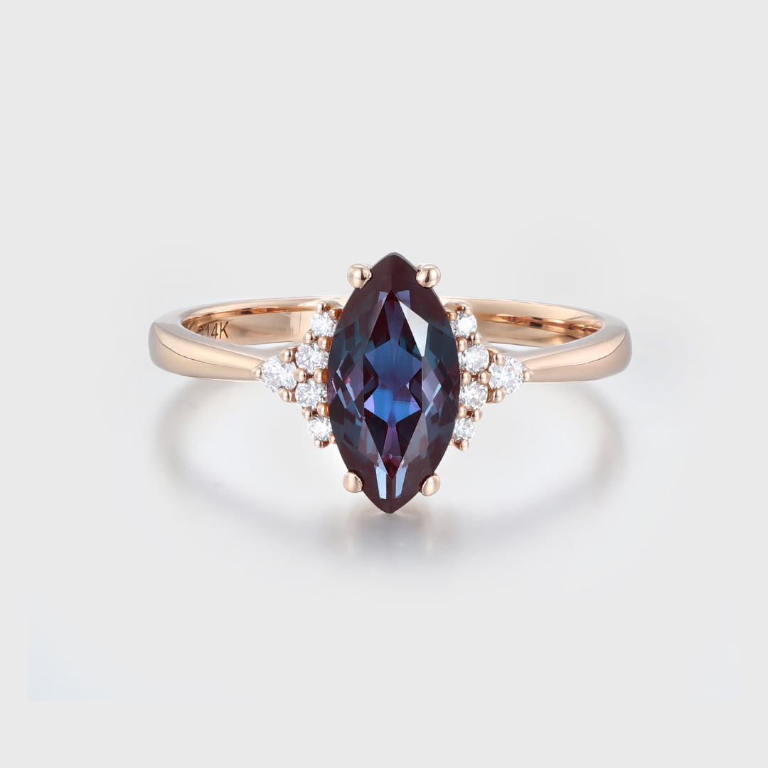 10x5mm Marquise Cut Alexandrite Cluster Bridal Promise Ring 14K Rose Gold