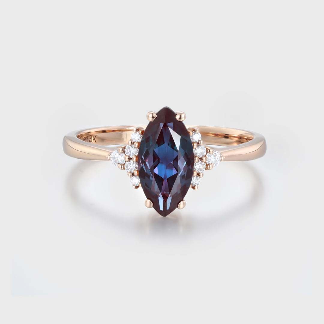 10x5mm Marquise Cut Alexandrite Cluster Bridal Promise Ring 14K Rose Gold