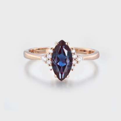 10x5mm Marquise Cut Alexandrite Cluster Bridal Promise Ring 14K Rose Gold