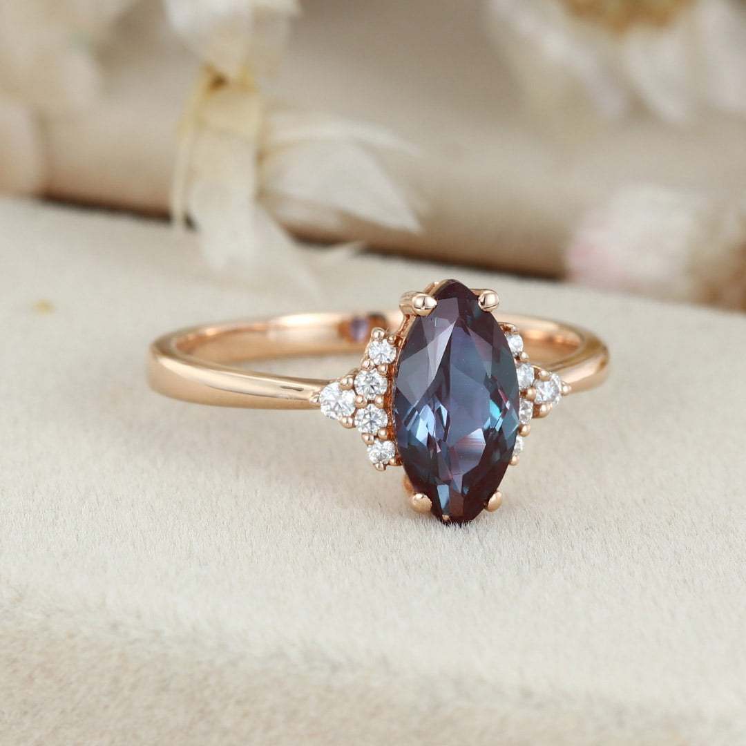 Marquise Alexandrite engagement ring Rose gold engagement ring Unique Vintage Cluster ring Bridal Promise ring Anniversary gift for her