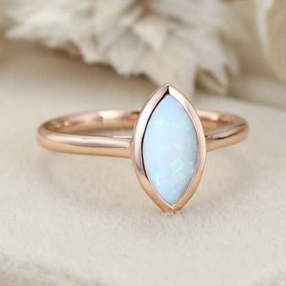 Marquise Cut Bezel Set Engagement Ring 1.0Ct Opal Rose Gold Ring Bezel Set Solitaire Ring