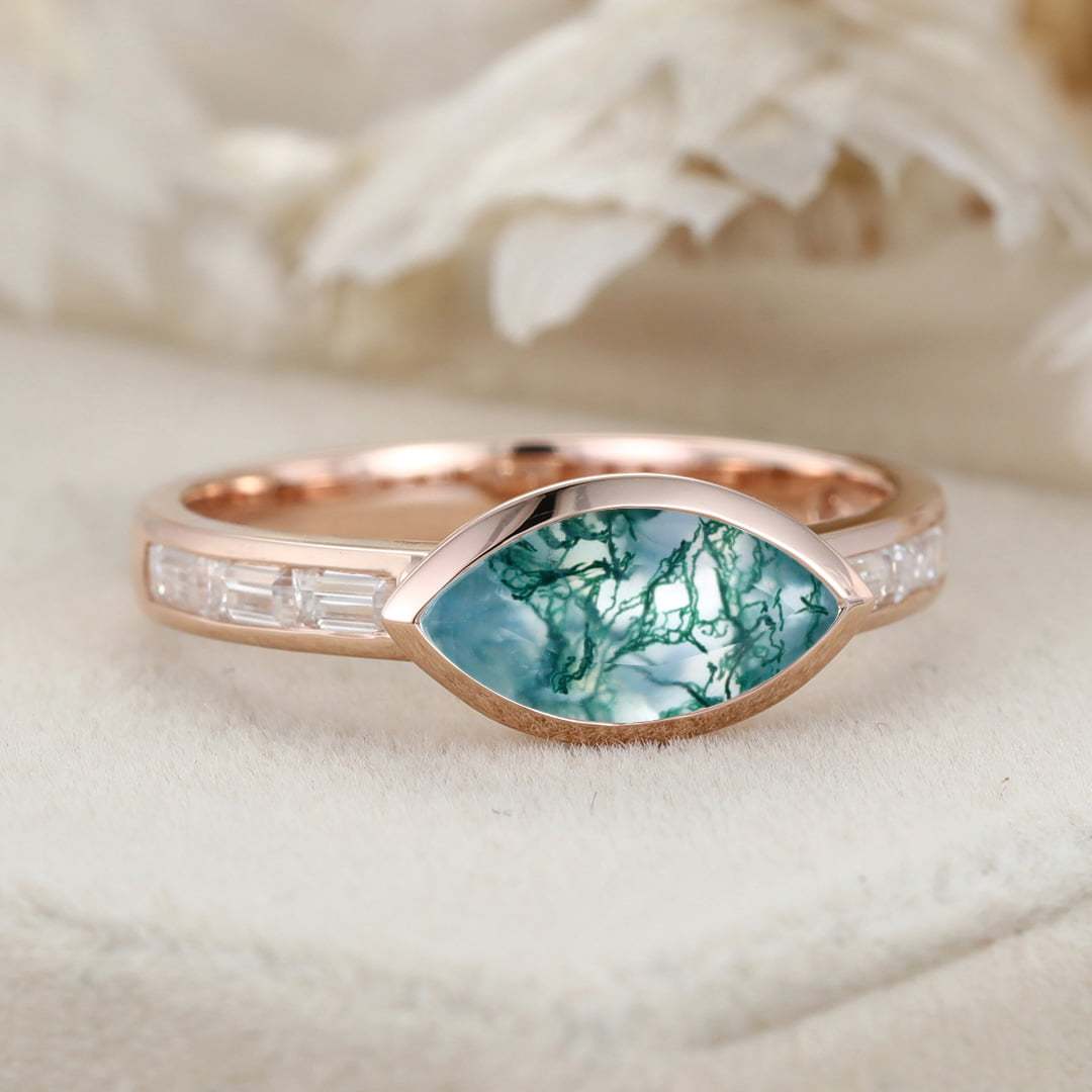 Marquise Cut East West Bezel Natural Moss Agate Engagement Ring 14K Rose Gold