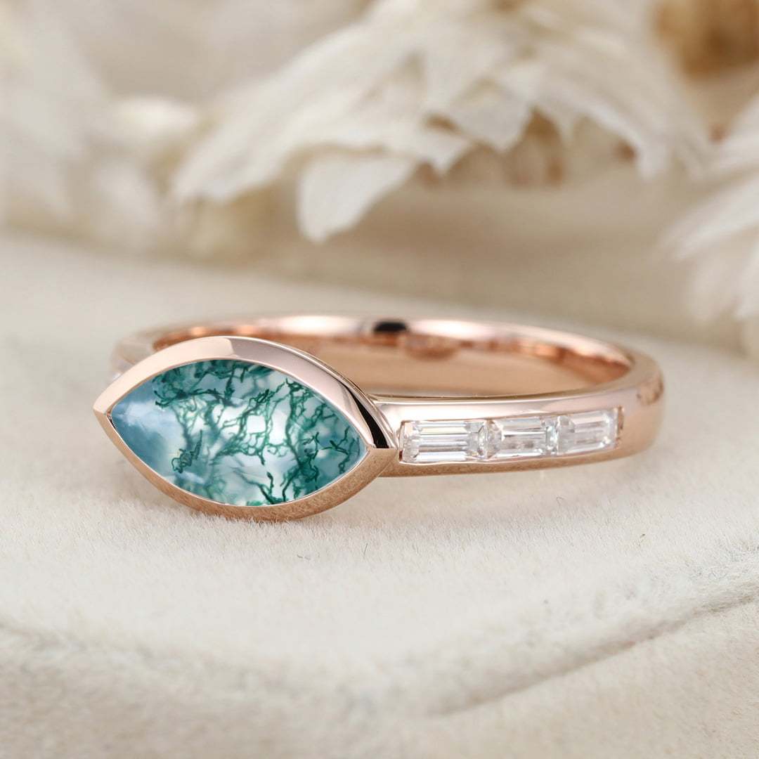Marquise Cut East West Bezel Natural Moss Agate Engagement Ring 14K Rose Gold