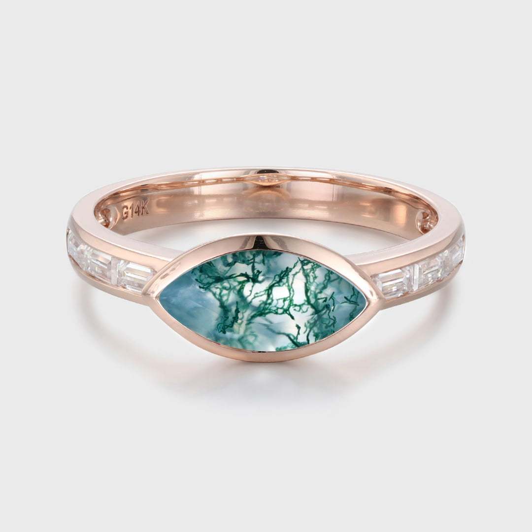 Marquise Cut East West Bezel Natural Moss Agate Engagement Ring 14K Rose Gold