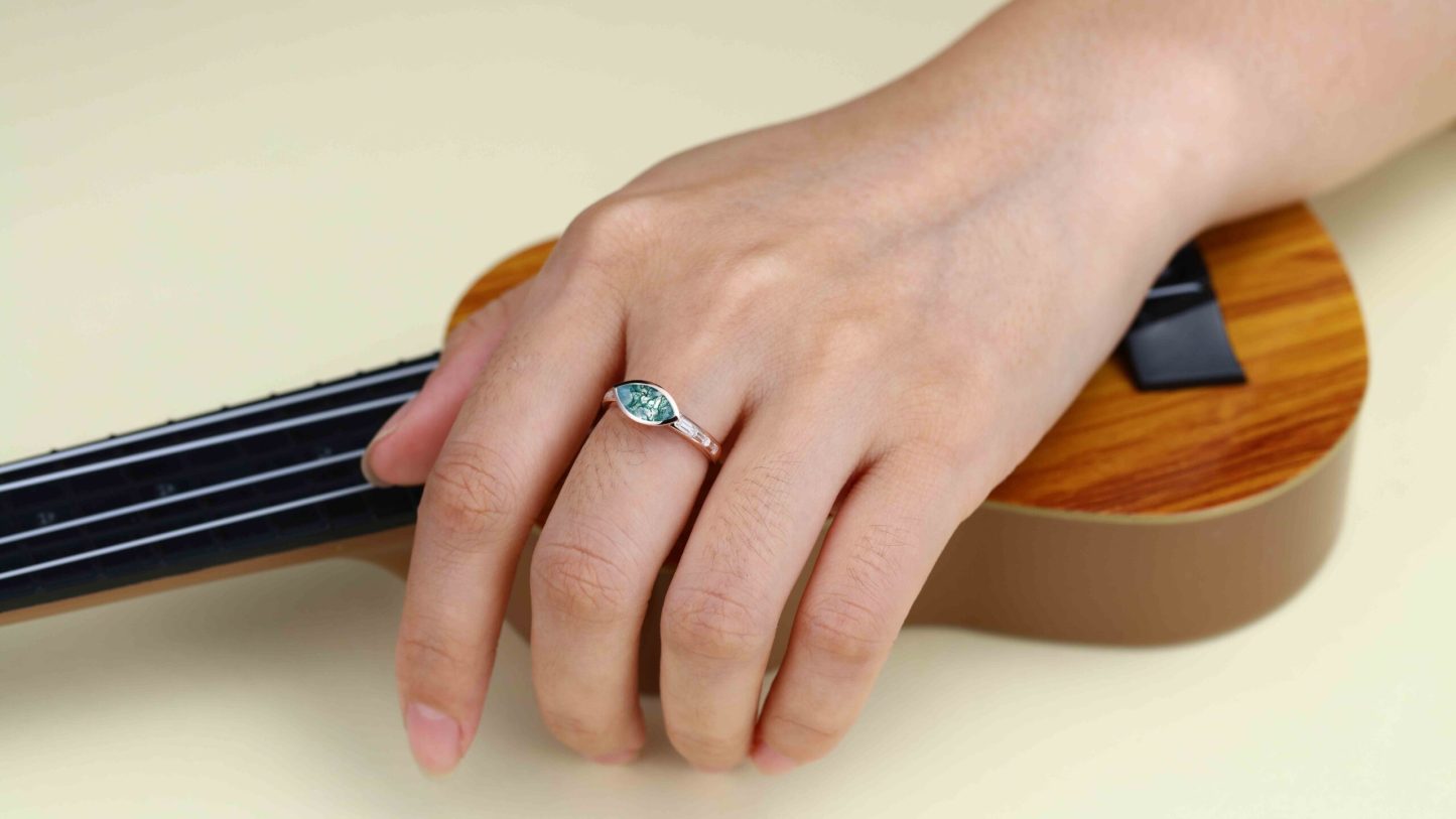 Marquise Cut East West Bezel Natural Moss Agate Engagement Ring 14K Rose Gold