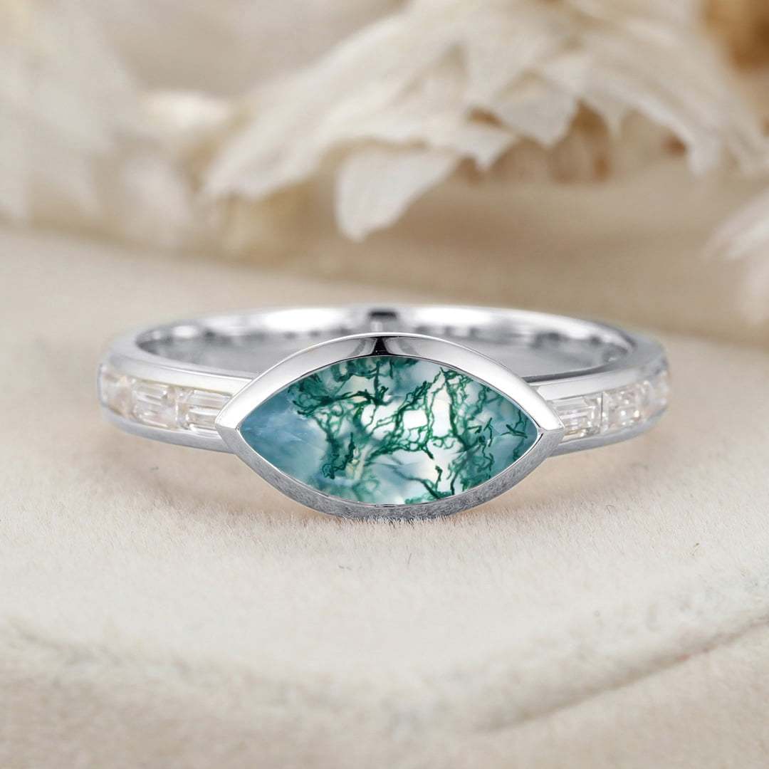 Marquise Cut East West Bezel Natural Moss Agate Engagement Ring 14K Rose Gold