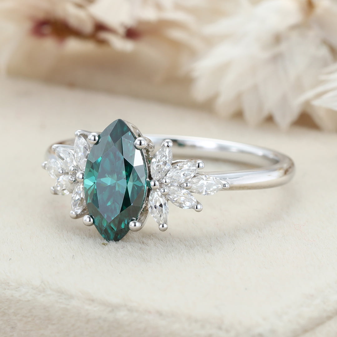 Marquise Cut Green Moissanite Engagement Ring Vintage 14K Rose Gold Diamond Art Deco Ring