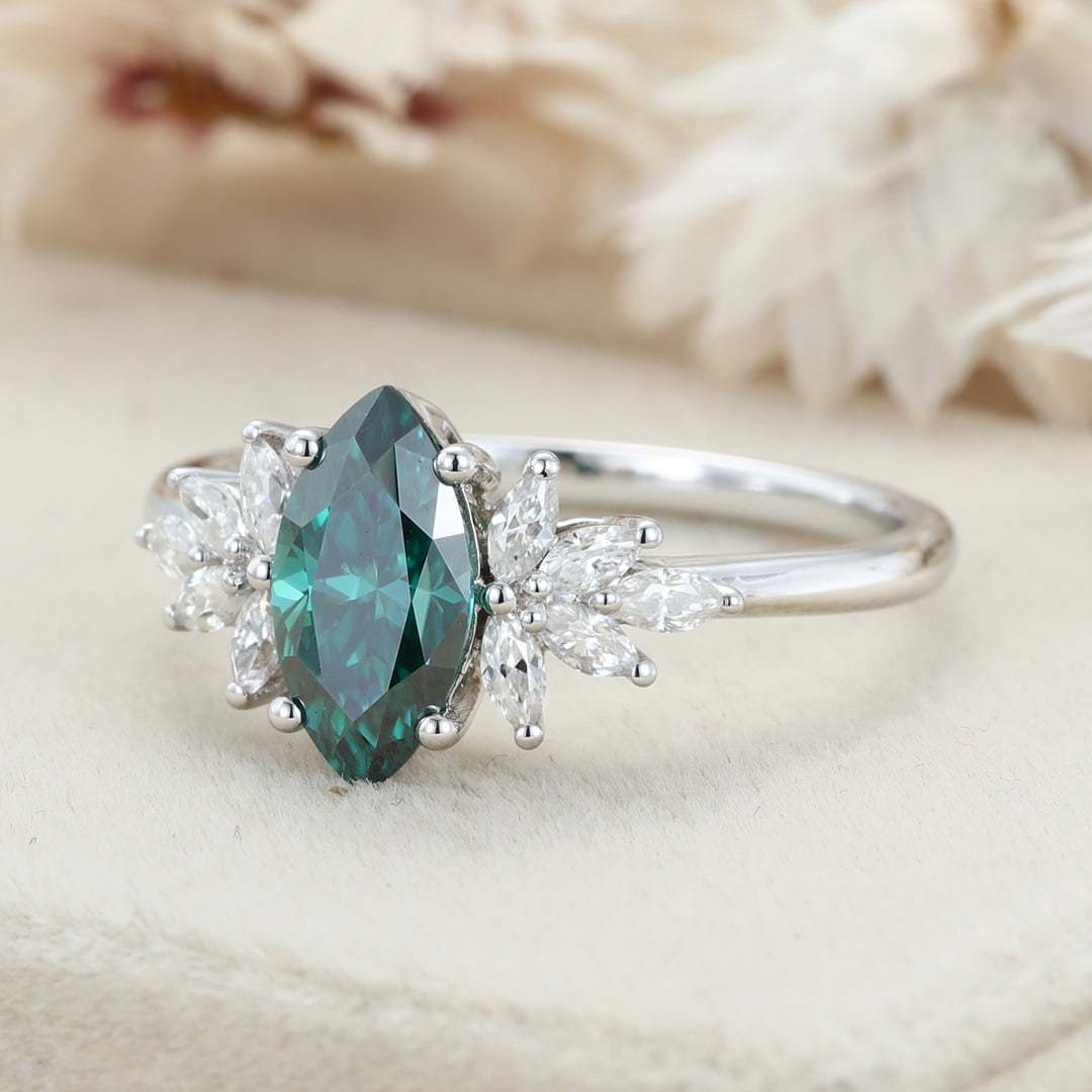 Marquise Cut Green Moissanite Engagement Ring Vintage 14K Rose Gold Diamond Art Deco Ring