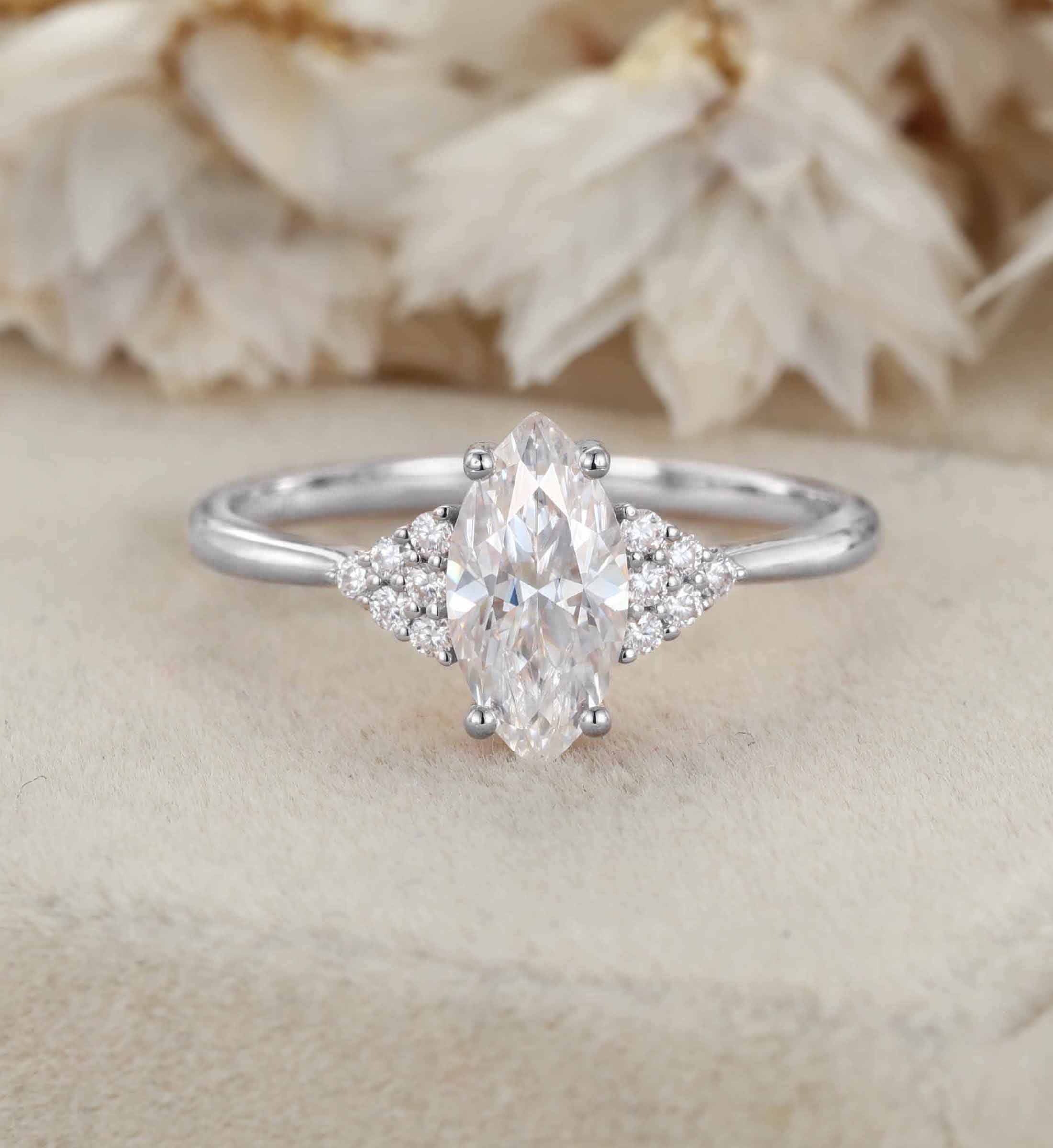 Marquise Cut Moissanite Engagement Ring Vintage Cluster Engagement Ring 14K Rose Gold Lab Grown Diamond Ring Bridal Wedding Anniversary Gift