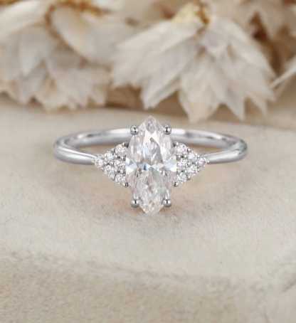 Marquise Cut Moissanite Engagement Ring Vintage Cluster Engagement Ring 14K Rose Gold Lab Grown Diamond Ring Bridal Wedding Anniversary Gift