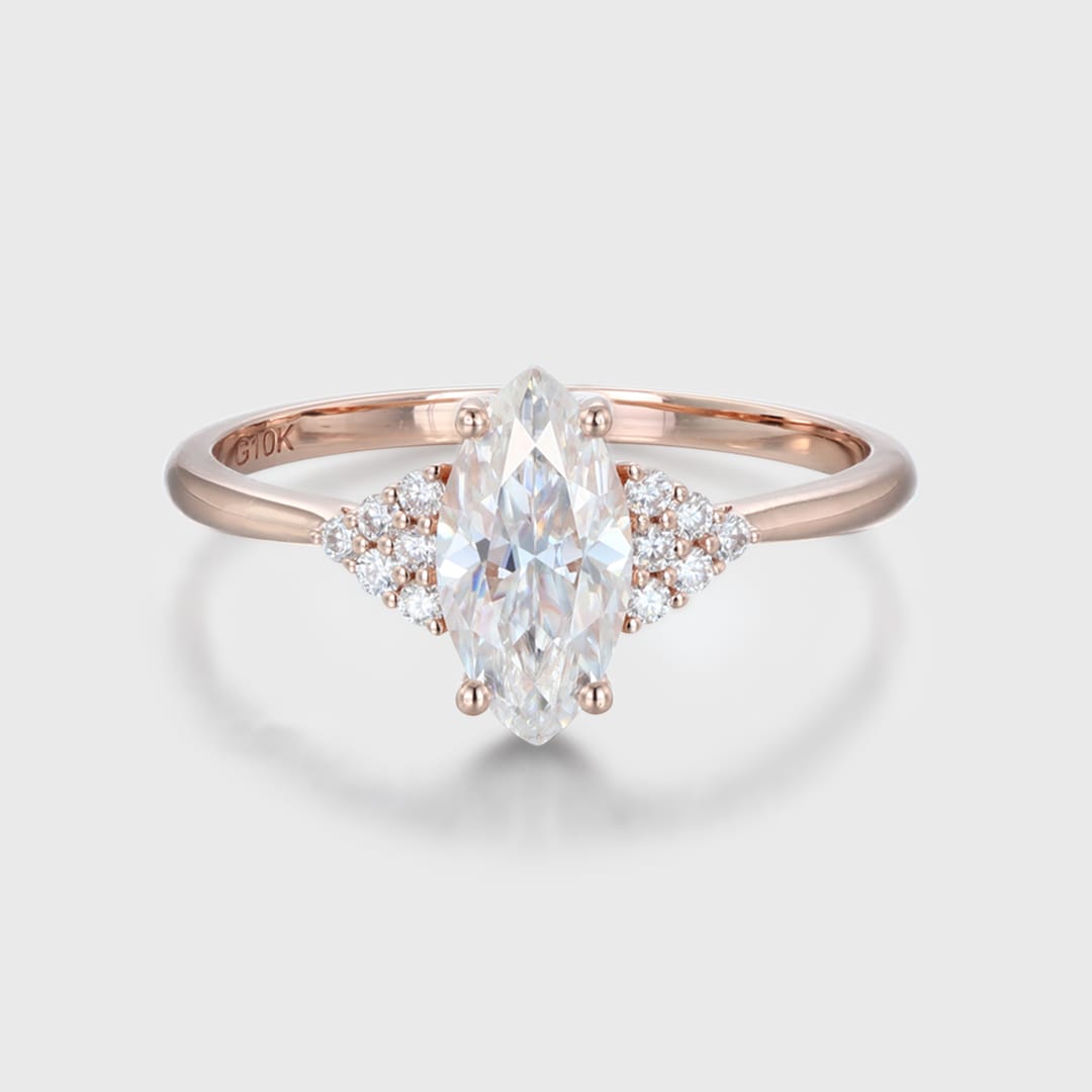Marquise Cut Moissanite Engagement Ring Vintage Cluster Engagement Ring 14K Rose Gold Lab Grown Diamond Ring Bridal Wedding Anniversary Gift