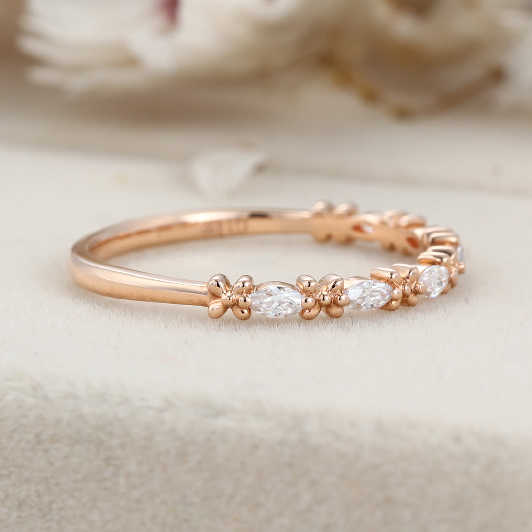 Marquise Cut Moissanite Wedding Band Vintage Rose Gold Band Stacking Half Eternity Diamonds Promise Ring