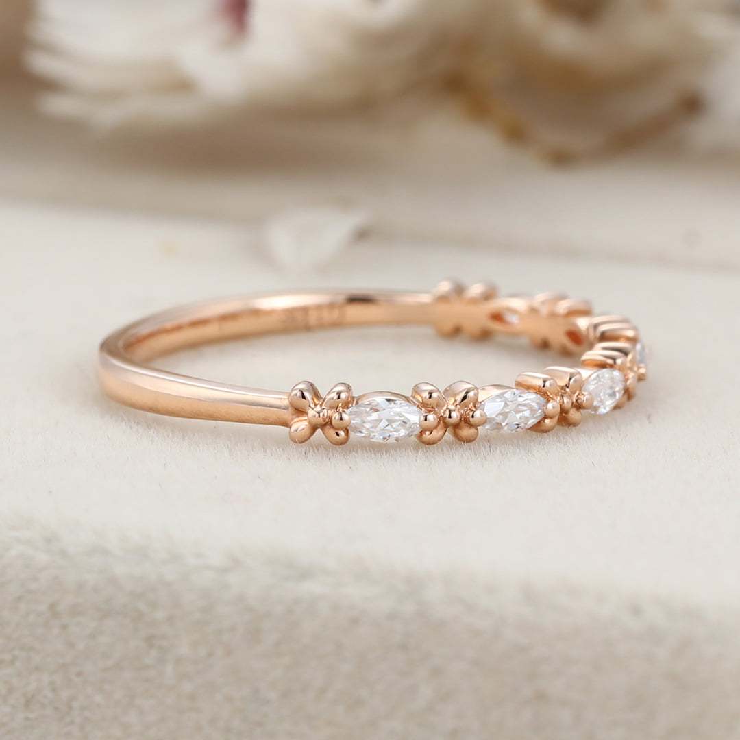 Marquise Cut Moissanite Wedding Band Vintage Rose Gold Band Stacking Half Eternity Diamonds Promise Ring
