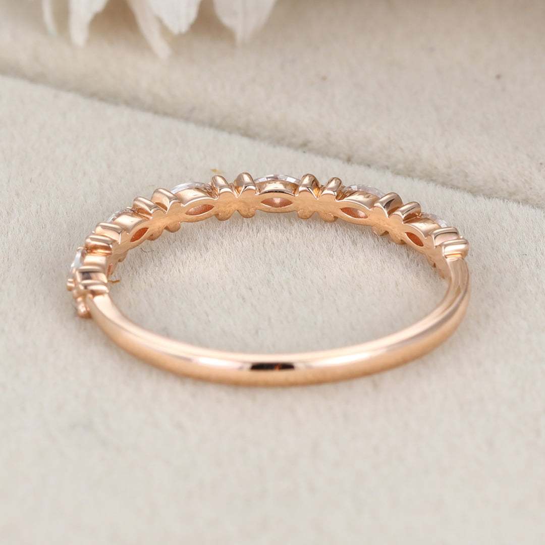 Marquise Cut Moissanite Wedding Band Vintage Rose Gold Band Stacking Half Eternity Diamonds Promise Ring