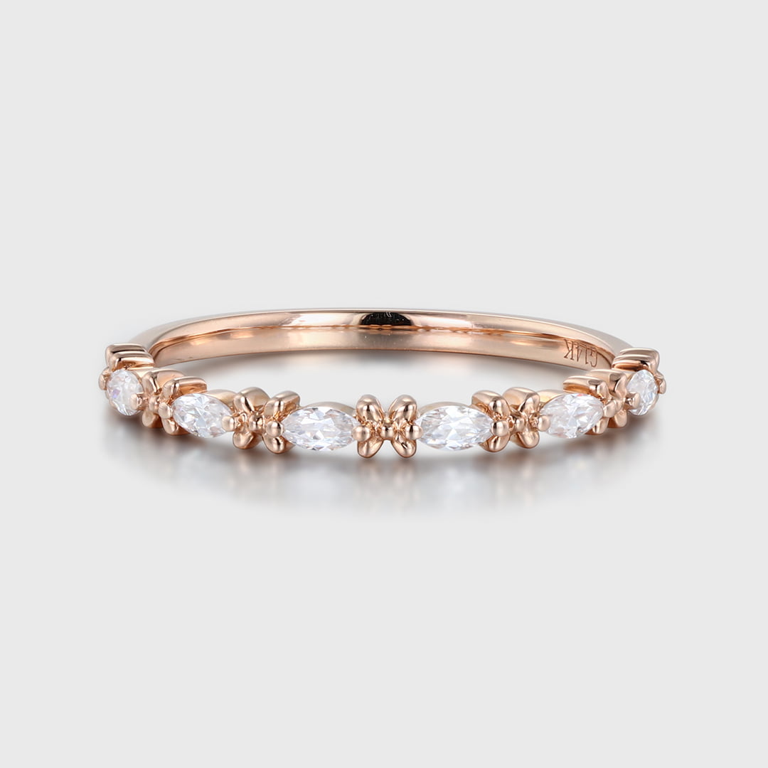 Marquise Cut Moissanite Wedding Band Vintage Rose Gold Band Stacking Half Eternity Diamonds Promise Ring