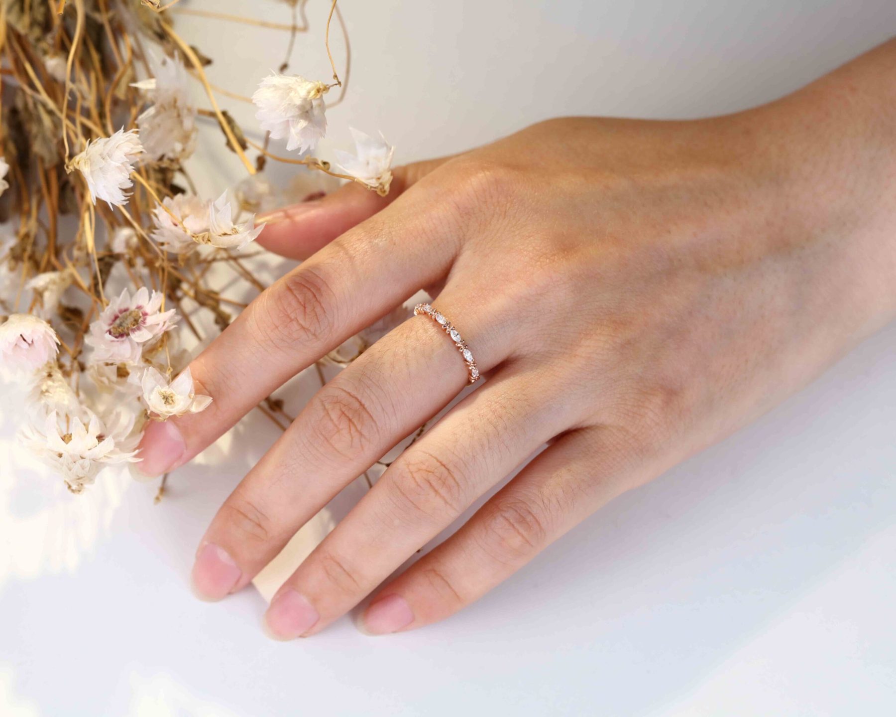 Marquise Cut Moissanite Wedding Band Vintage Rose Gold Band Stacking Half Eternity Diamonds Promise Ring