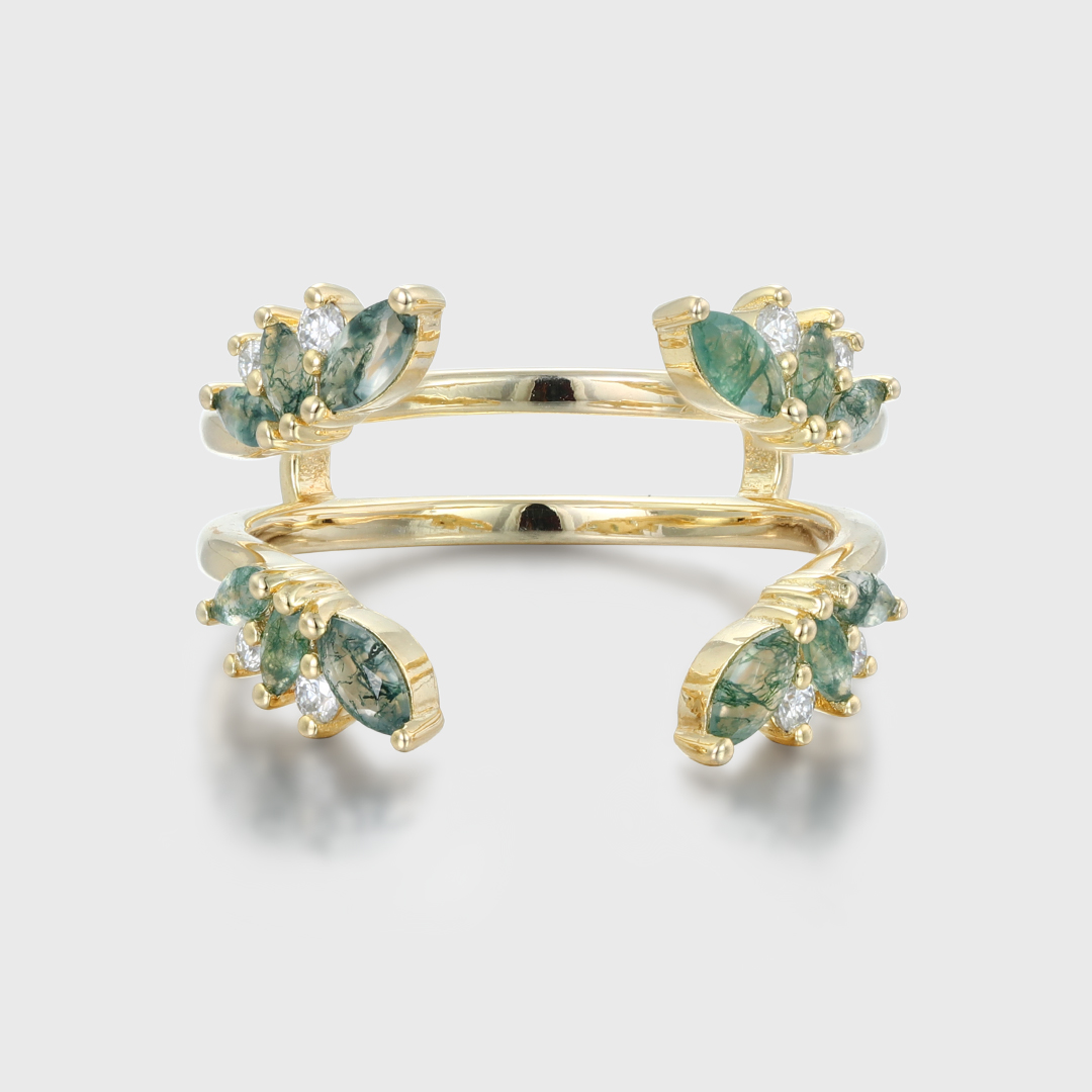 Marquise Cut Moss Agate Enhancer Curved Wedding Band Unique Yellow Gold Wedding Ring Leaf Ring Diamond Band Bridal Antique Matching ring
