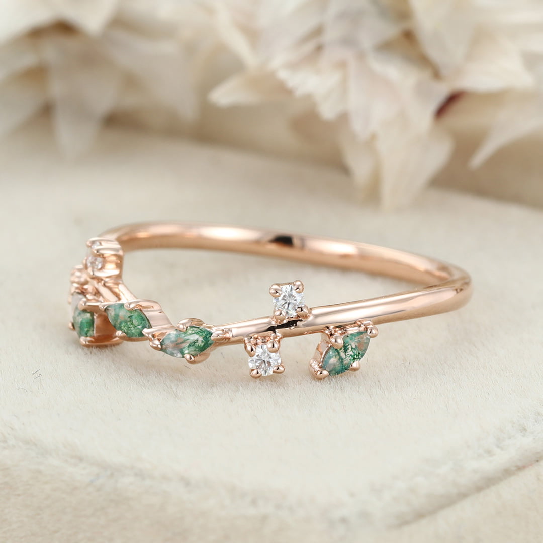 Marquise Cut Moss Agate Wedding Band Rose Gold Diamond Ring Art Deco Matching Stacking Band Wedding Ring