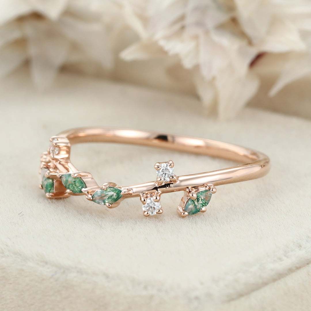 Marquise Cut Moss Agate Wedding Band Rose Gold Diamond Ring Art Deco Matching Stacking Band Wedding Ring