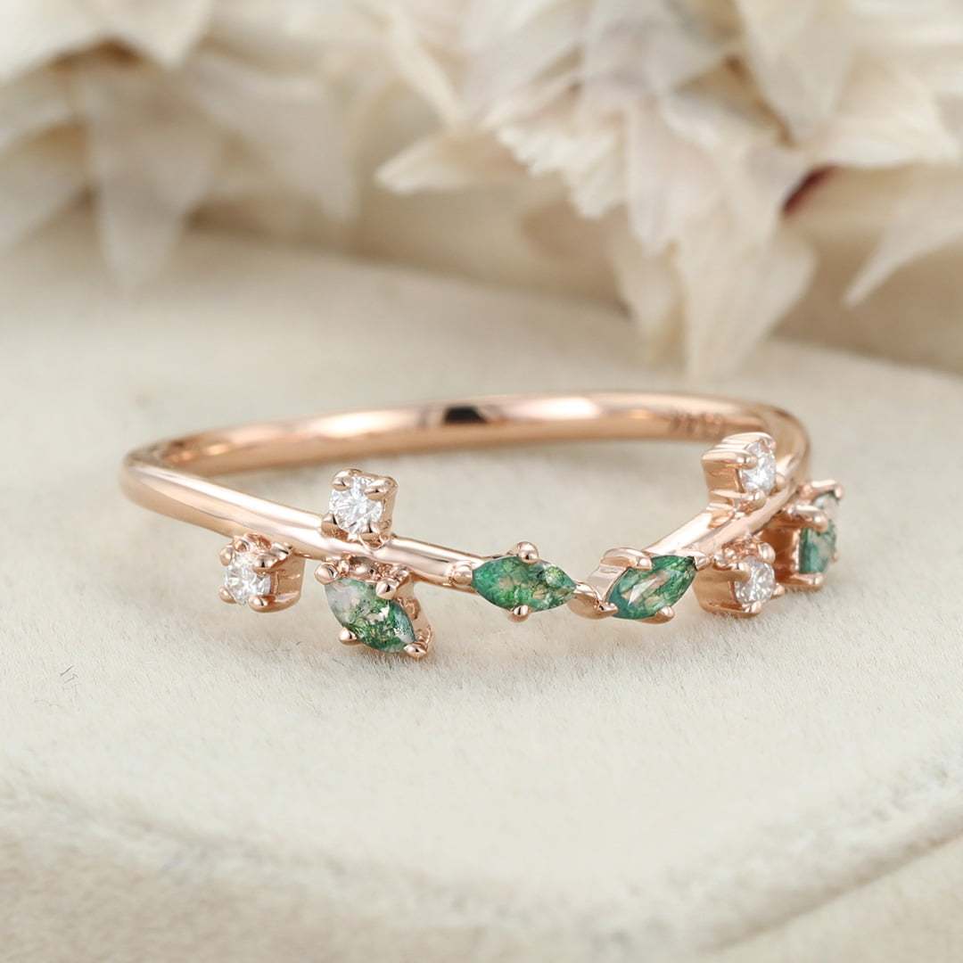 Marquise Cut Moss Agate Wedding Band Rose Gold Diamond Ring Art Deco Matching Stacking Band Wedding Ring