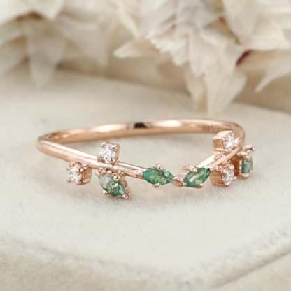Marquise Cut Moss Agate Wedding Band Rose Gold Diamond Ring Art Deco Matching Stacking Band Wedding Ring