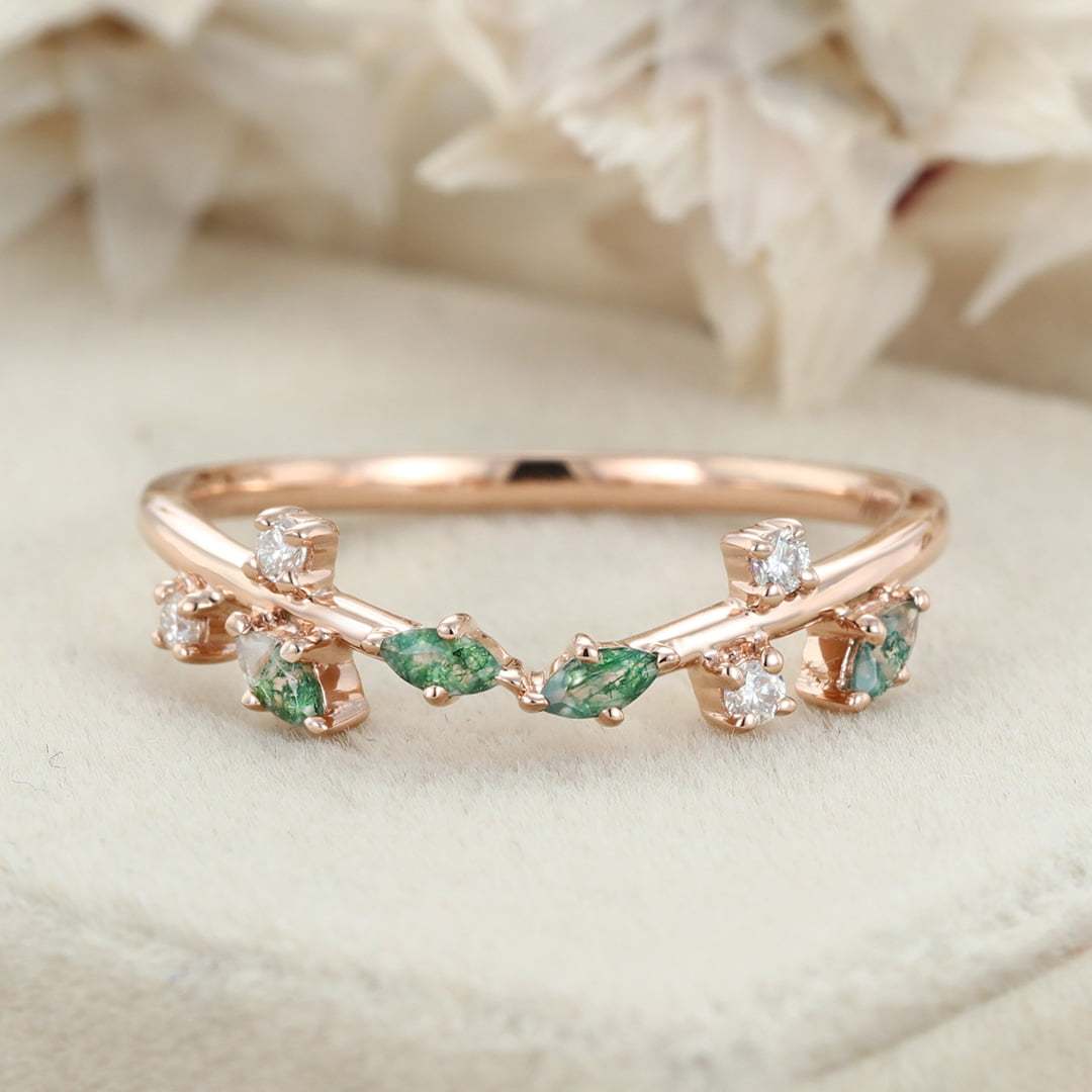 Marquise Cut Moss Agate Wedding Band Rose Gold Diamond Ring Art Deco Matching Stacking Band Wedding Ring