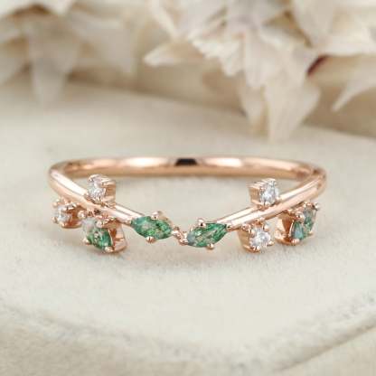 Marquise Cut Moss Agate Wedding Band Rose Gold Diamond Ring Art Deco Matching Stacking Band Wedding Ring