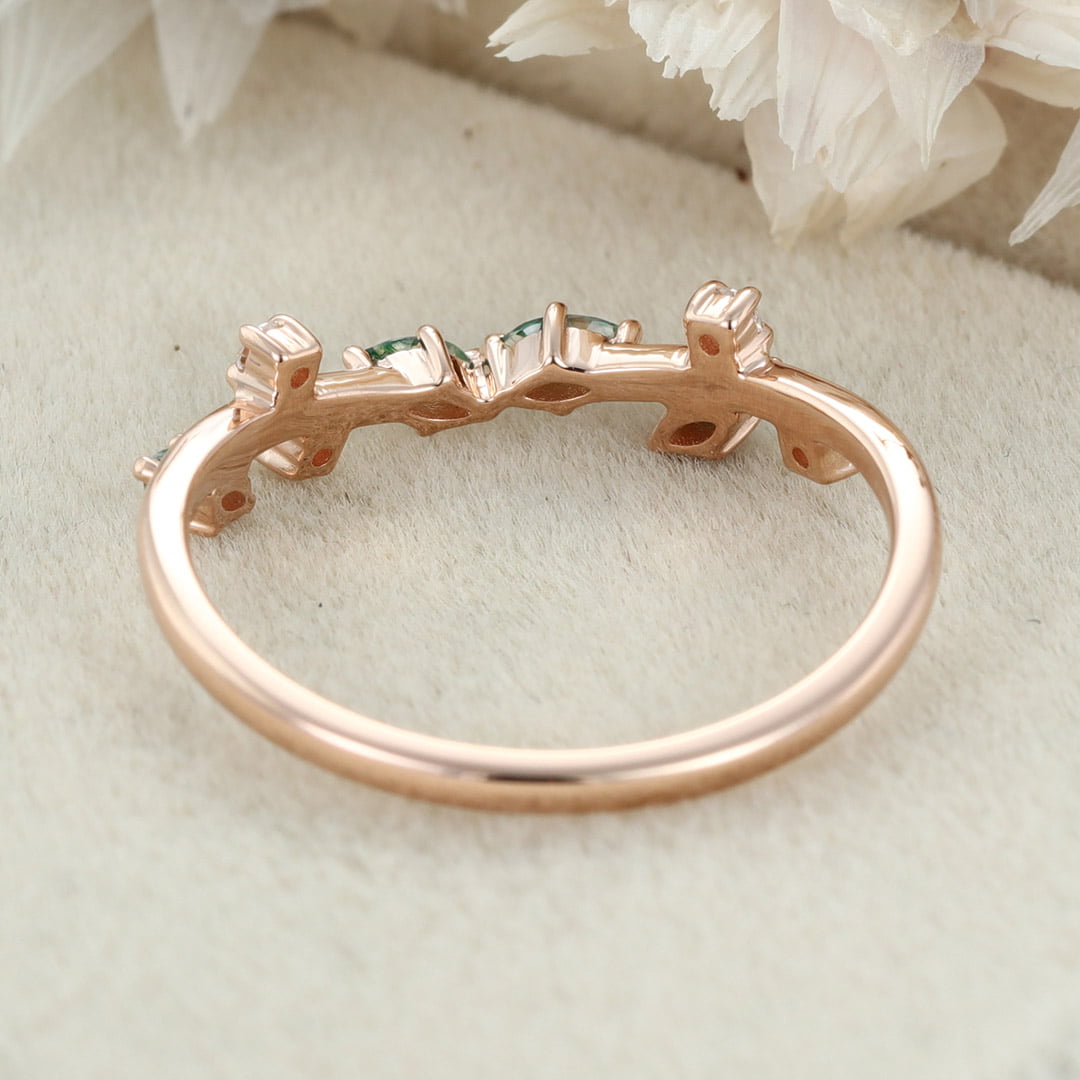 Marquise Cut Moss Agate Wedding Band Rose Gold Diamond Ring Art Deco Matching Stacking Band Wedding Ring