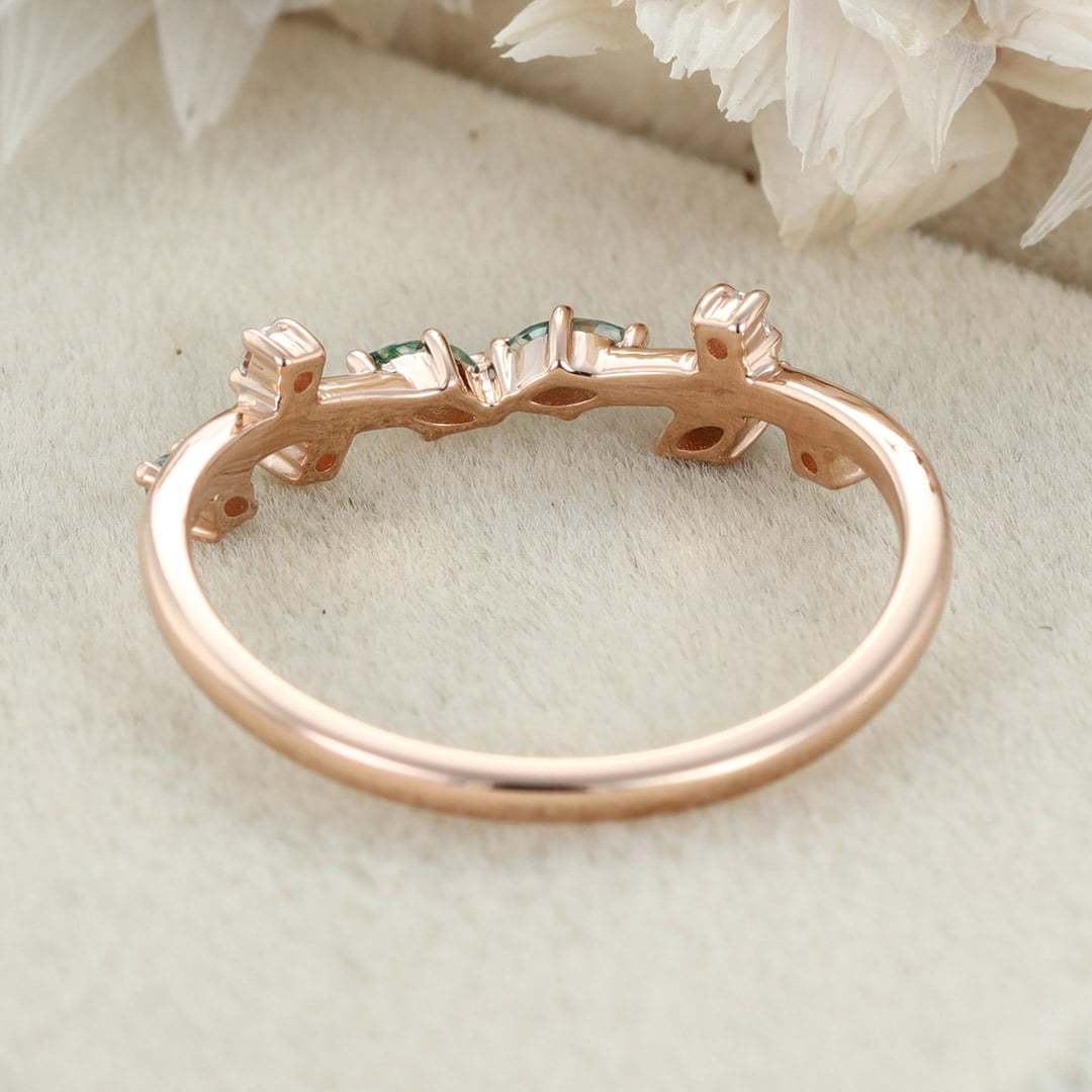 Marquise Cut Moss Agate Wedding Band Rose Gold Diamond Ring Art Deco Matching Stacking Band Wedding Ring