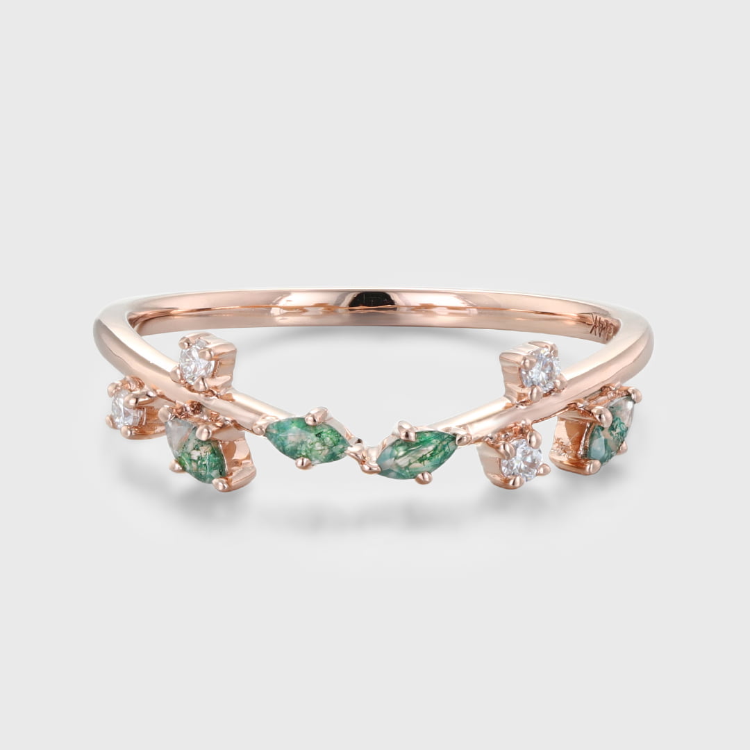 Marquise Cut Moss Agate Wedding Band Rose Gold Diamond Ring Art Deco Matching Stacking Band Wedding Ring