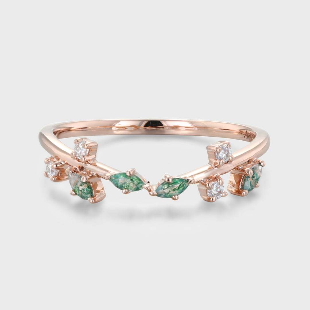 Marquise Cut Moss Agate Wedding Band Rose Gold Diamond Ring Art Deco Matching Stacking Band Wedding Ring