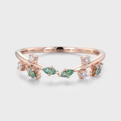 Marquise Cut Moss Agate Wedding Band Rose Gold Diamond Ring Art Deco Matching Stacking Band Wedding Ring