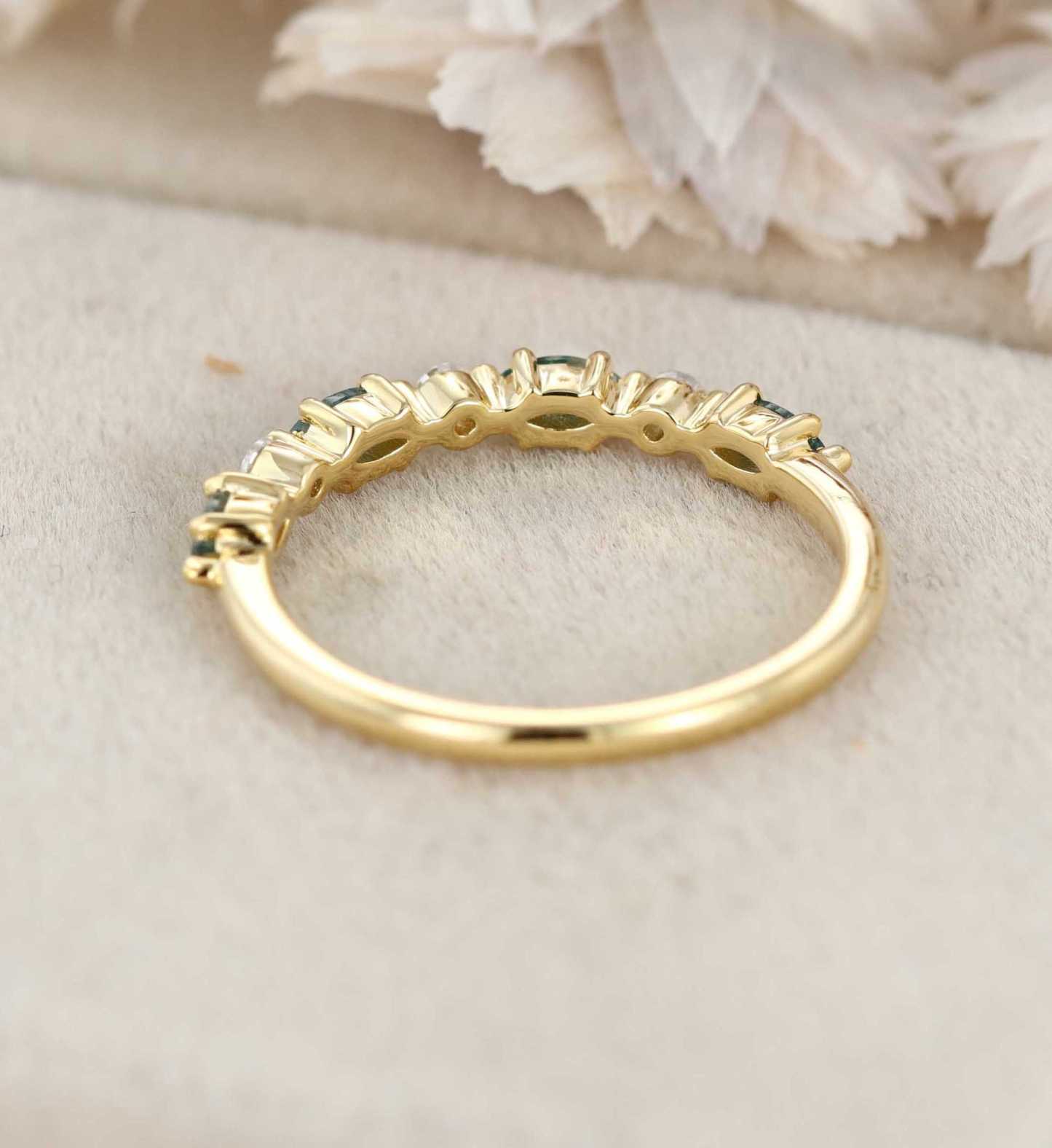 Marquise Cut Natura Inspired Moss Agate Wedding Band 14K Solid Gold Wedding Ring Moissanite Cluster Ring Anniversary Gift