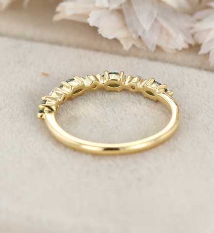 Marquise Cut Natura Inspired Moss Agate Wedding Band 14K Solid Gold Wedding Ring Moissanite Cluster Ring Anniversary Gift