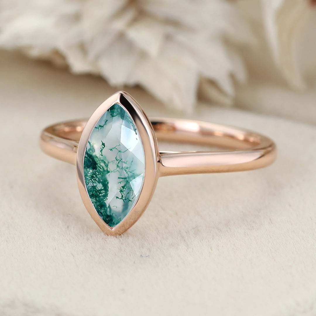 Marquise Cut Natural Moss Agate Engagement Ring Solitaire Ring 14K Rose Gold Engagement Ring Bezel Setting engagement ring Gift