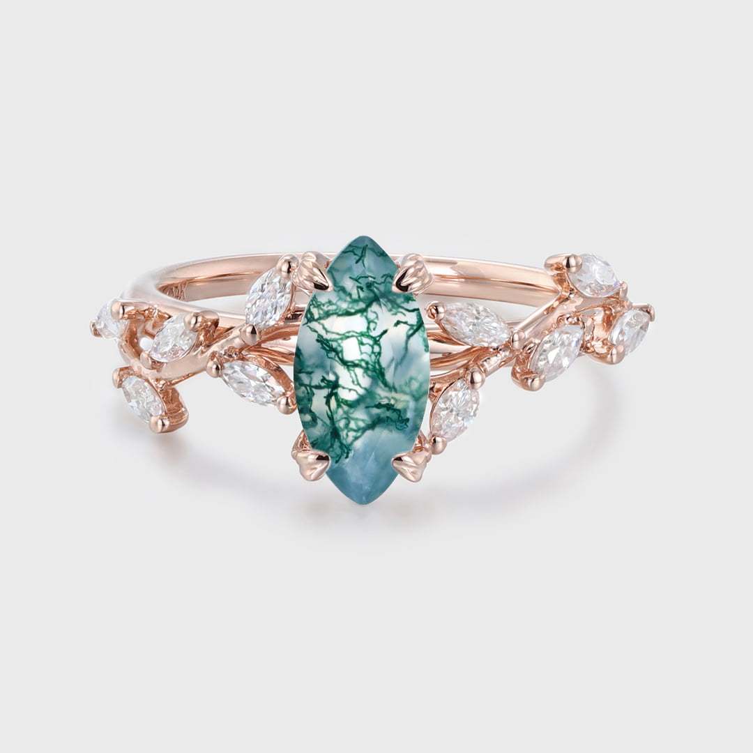 Marquise Cut Nature Inspired Moss Agate Ring Marquise Diamond In 14K Gold Branch Design Ring