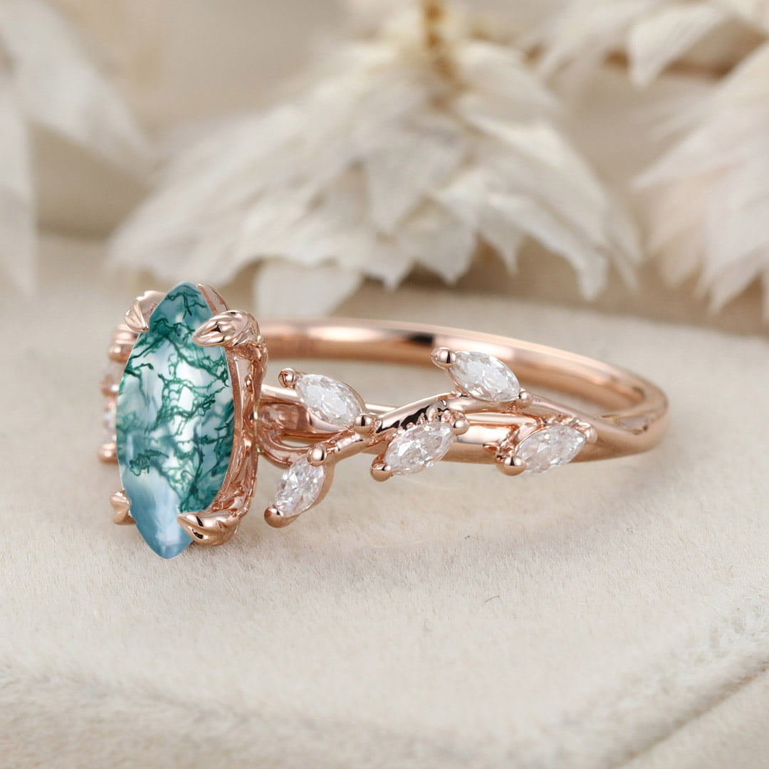 Marquise Cut Nature Inspired Moss Agate Ring Marquise Diamond In 14K Gold Branch Design Ring