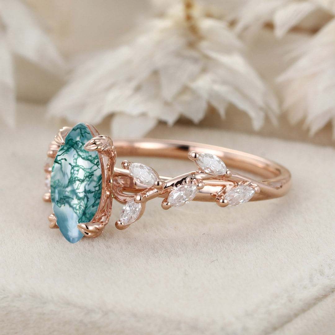 Marquise Cut Nature Inspired Moss Agate Ring Marquise Diamond In 14K Gold Branch Design Ring