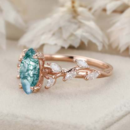 Marquise Cut Nature Inspired Moss Agate Ring Marquise Diamond In 14K Gold Branch Design Ring