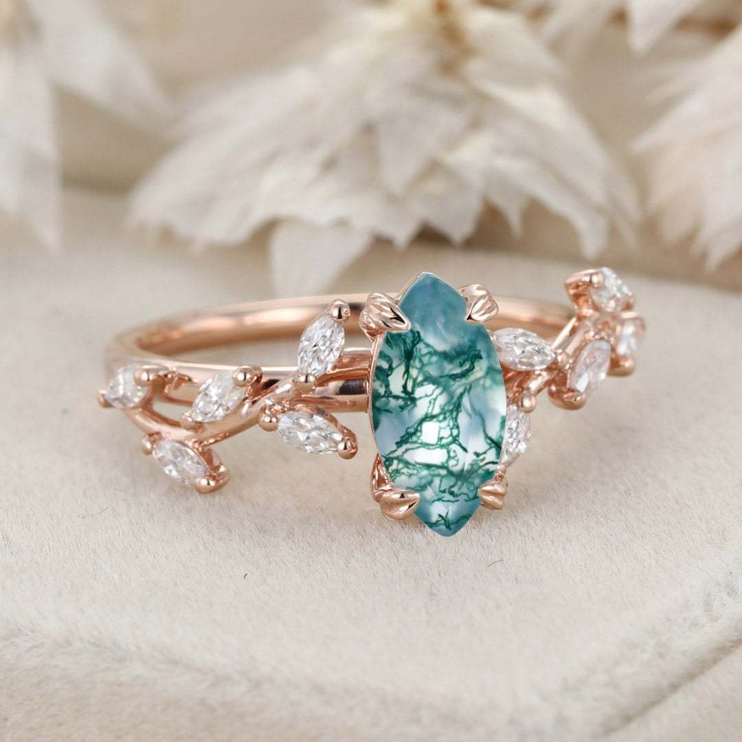 Marquise Cut Nature Inspired Moss Agate Ring Marquise Diamond In 14K Gold Branch Design Ring